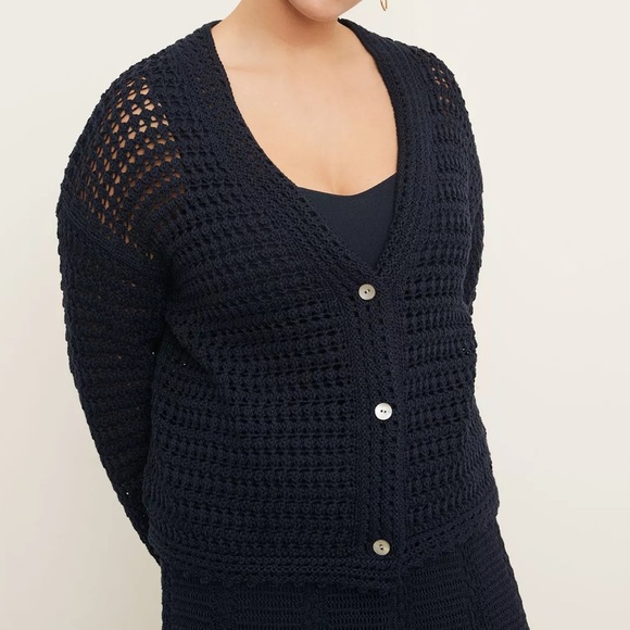 Vince Women's 100% Organic Cotton Crochet Cardigan Sweater Navy Blue XL - Picture 4 of 15